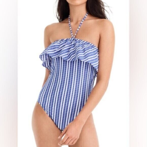 J. Crew Ruffle Bandeau One-Piece Swimsuit Puckered Stripe - Picture 1 of 9